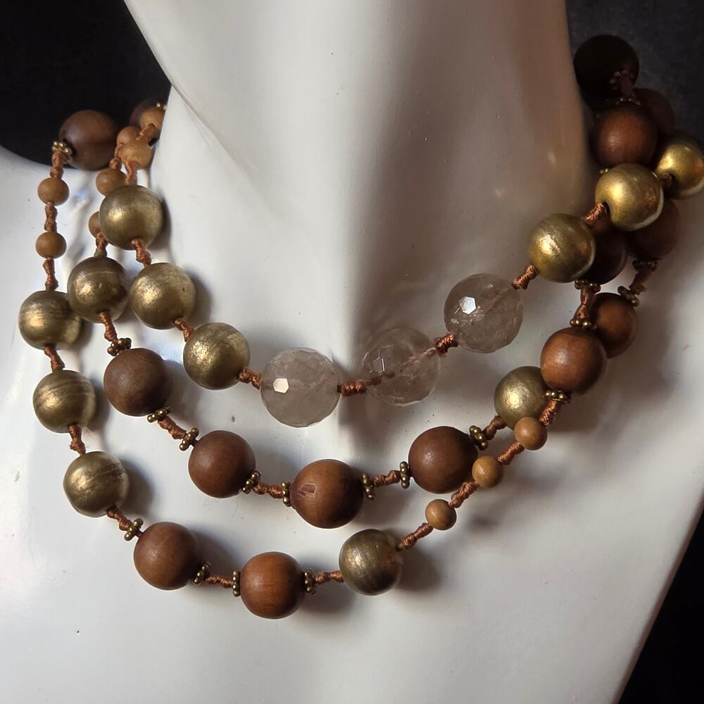 Wendy Mink Necklace Natural Stone & Wood Beaded 42 inch Sterling Silver Closure
